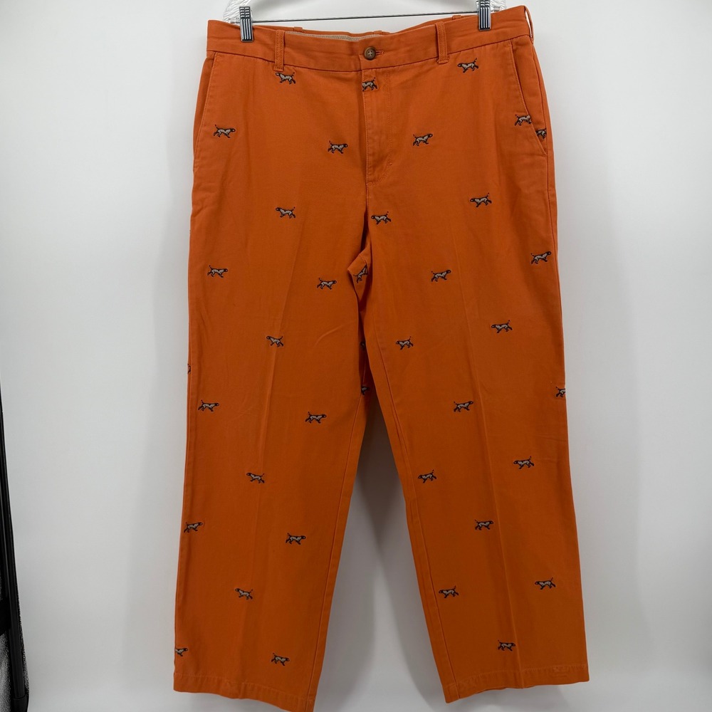 IZOD Mens Orange Embroidered Dog Chino Pants Straight Fit Flat Front 35x30
